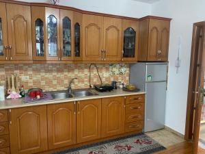 a kitchen with wooden cabinets and a sink and a refrigerator at Villa Rejan in Pogradec