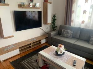uma sala de estar com um sofá e uma televisão em Villa Rejan em Pogradec