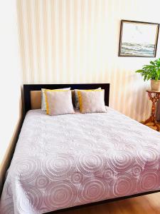 1 dormitorio con 1 cama grande con almohadas en Comfy classic apartment in Trakai, en Trakai