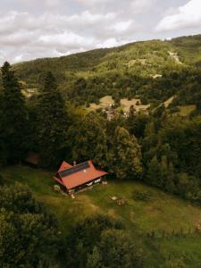 an aerial view of a house on a hill at Osada Molusiówka - Chata z Balią in Koszarawa