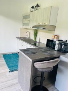 a kitchen with a counter with a sink and a microwave at Tiny House by the forest 1 