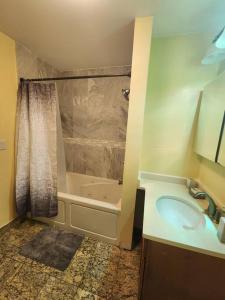 ein Badezimmer mit einer Dusche, einem Waschbecken und einer Badewanne in der Unterkunft Classy 3 bed near NYC with view! in Union City