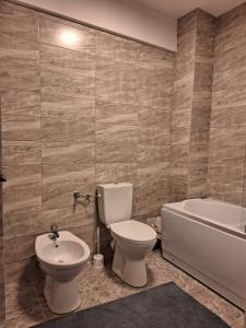 ein Badezimmer mit einem WC, einer Badewanne und einem Waschbecken in der Unterkunft CITADEL VIEW in Târgu Neamţ