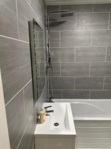 a bathroom with a sink and a bath tub at Stunning Double room one in Bedford