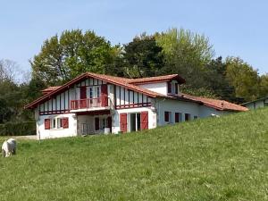 a house on a hill with a goat in a field at Maison dans la Prairie in Bidart