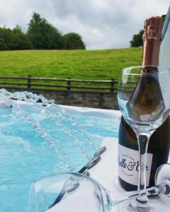 a bottle of wine sitting next to a wine glass at Sunnyside hottub Brecon Beacons sleeps 8 in Lower Chapel