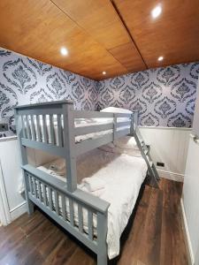 um beliche num quarto com papel de parede azul e branco em Titanic Boat em Liverpool