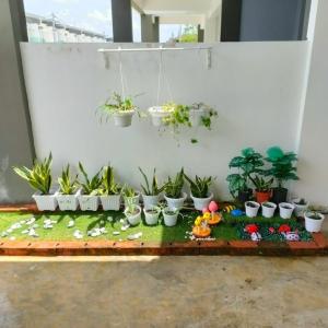 a display of potted plants on a table at HOMESTAY BATU PAHATKU- HOMESTAY IMAN in Batu Pahat