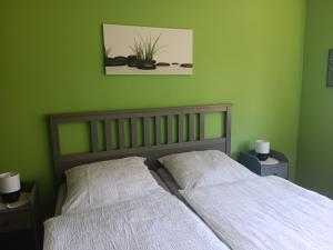sypialnia z zielonymi ścianami i 2 łóżkami z poduszkami w obiekcie Ferienwohnung Mattheiser Weiher w Trewirze