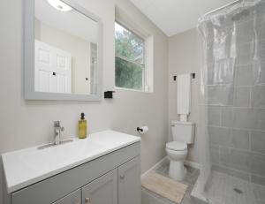 uma casa de banho com um lavatório, um WC e um espelho. em Hydrangea Cottage Unit B em Saint Augustine