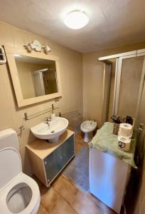 ein Badezimmer mit einem Waschbecken, einem WC und einem Spiegel in der Unterkunft Maison Merlot in Aosta