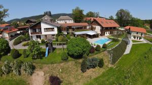 an aerial view of a house with a swimming pool at Penzion Panter in Horní Planá