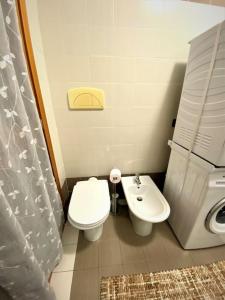 un piccolo bagno con servizi igienici e lavandino di Bilocale via Visconti a Lodi