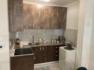 a kitchen with wooden cabinets and a sink and a dishwasher at Apartman JR2020 in Sarajevo