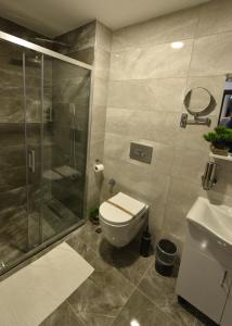 a bathroom with a toilet and a glass shower at Sahil Hotel Pendik in Tuzla