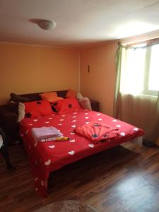 的住宿－Casa Mocanu 2，一张红色棉被,上面有红心的床铺