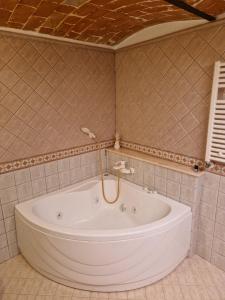 a bath tub in a bathroom with a tiled wall at Casa Collarano in San Demetrio neʼ Vestini
