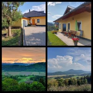 um grupo de quatro fotos de uma casa e uma montanha em Essleggerhof em Fachau