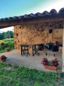 a picnic table and a grill in front of a stone wall at Mas du Bosc in Rosières