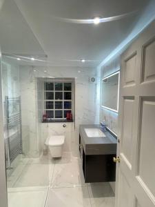 a white bathroom with a toilet and a sink at Castle Gogar Cottage in Edinburgh