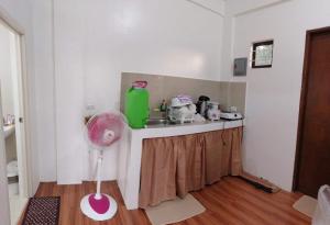 eine Küche mit einer Theke und einem Ventilator in einem Zimmer in der Unterkunft Casa Honorio in Pila