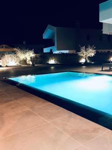 Villa Istra Relax Diamond في Rebići: مسبح ازرق في الليل مع اناره