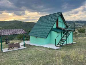 a small house with a green roof and a staircase at La Nuci in Valea scheilor