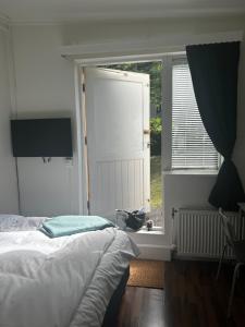 sypialnia z łóżkiem i dużym oknem w obiekcie Studio 104- Free PARKING onsite -Private entrance w Reykjavík
