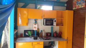 uma cozinha com armários amarelos, um lavatório e um micro-ondas em TI-COLIBRI em Saint-Claude