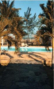 uma piscina com duas palmeiras e um banco em Casa LUXO Guaibim em Guaibim