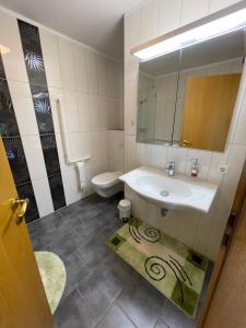 La salle de bains est pourvue d'un lavabo, de toilettes et d'un miroir. dans l'établissement Spatzennester-Vogelsberger Hof, à Grebenhain