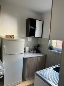 a kitchen with a white refrigerator and a counter at The heart of Sarajevo in Sarajevo