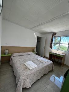 - une chambre avec un grand lit et une fenêtre dans l'établissement Pensione San Michele, à Mattinata