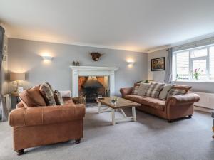 a living room with two couches and a fireplace at Church Cottage in Diss