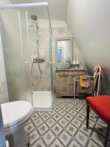 uma casa de banho com um chuveiro, um WC e um lavatório. em L’orangerie chambres d’hôtes em Motteville