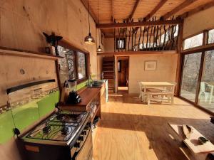 a kitchen with a stove top oven in a room at Cabaña entre Bosque y Cordillera in Lonquimay
