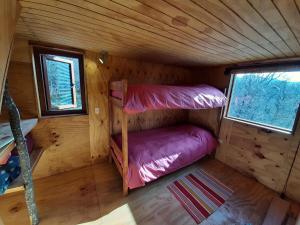 1 Schlafzimmer mit 2 Etagenbetten in einem Blockhaus in der Unterkunft Cabaña entre Bosque y Cordillera in Lonquimay