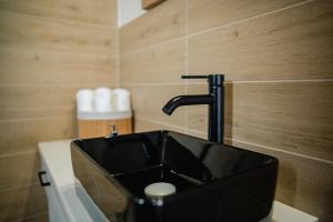 a black sink in a bathroom with wooden walls at Beskidzka Oaza in Istebna