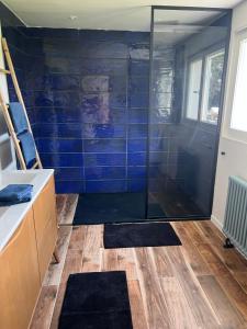 y baño con ducha de azulejos azules. en Wanatan Chambre d'hôtes, en Penmarch
