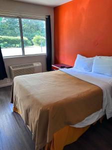 1 dormitorio con 1 cama grande y pared de color naranja en High Point Arcadia Inn, en High Point