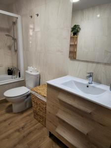 a bathroom with a sink and a toilet and a mirror at Apartamento El olivo in Empuriabrava