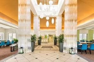 a lobby with potted plants in a building at Hilton Garden Inn Atlanta North/Johns Creek in Johns Creek