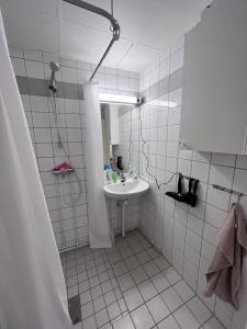 bagno bianco con lavandino e specchio di Room in central location a Oslo