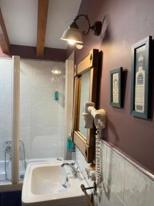 uma casa de banho com um lavatório, um espelho e uma banheira em El Corral De Perorrubio em Perorrubio
