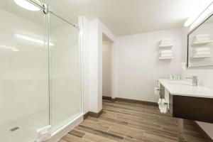 a bathroom with a shower and a sink at Hampton Inn Indianapolis Downtown Across from Circle Centre in Indianapolis