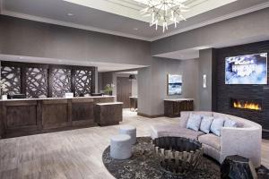 アトランタにあるHomewood Suites by Hilton Atlanta Lenox Mall Buckheadのリビングルーム(ソファ、暖炉付)