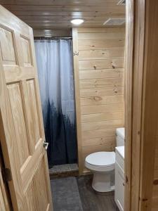 a small bathroom with a toilet and a shower at Creekside 3 bedroom 2 bath cabin on private creek in Banner Elk