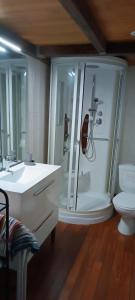 bagno con doccia, lavandino e servizi igienici di chambre d'hôtes la cardabéla a Saint-Juéry