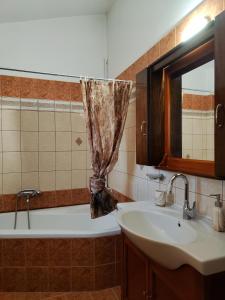 een badkamer met een wastafel en een bad bij Guestroom Happynest no.3 in Melíssia
