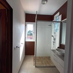 a bathroom with a glass shower and a sink at Villa Floralia in Talata-maty